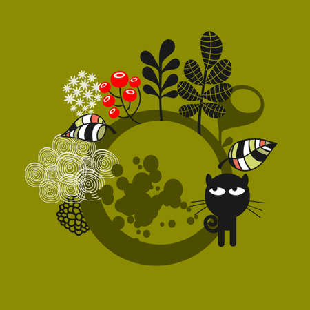 Round label with black cat. Vector banner.のイラスト素材