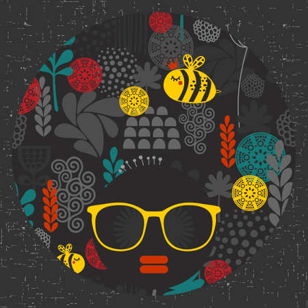 Black head woman with strange pattern on her hair. Vector illustration.のイラスト素材