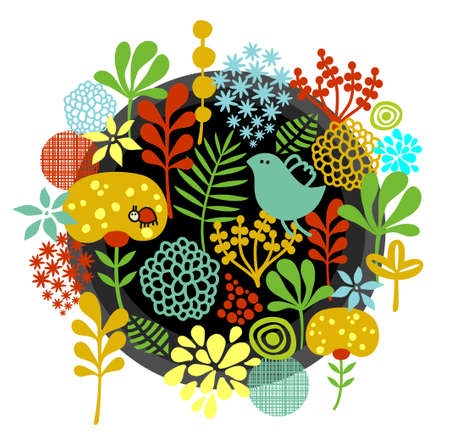 Floral label with birds and bugs. Vector female illustration.のイラスト素材