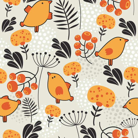 Seamless pattern with orange birds. Vector cartoon background.のイラスト素材