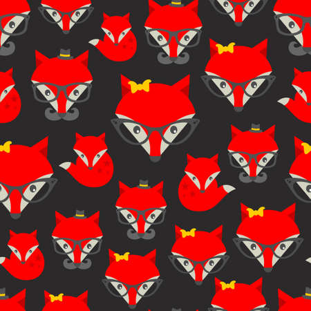 Seamless pattern with hipster fox. Vector background with cute animals in retro style.のイラスト素材