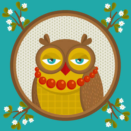 Portrait of fashionable owl in the frame with branch in flowers. Spring bright background. Bird in retro style with accessory. Vector illustration.のイラスト素材