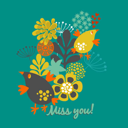 Miss you card cover. Floral illustration with vintage flowers and birds. Vector art design in retro style.のイラスト素材