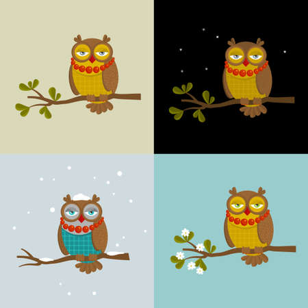 Set of vector illustrations with fashionable owls. Female art.のイラスト素材