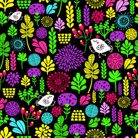 Romantic seamless pattern with cute flowers and birds in crown. Colorful vector background.のイラスト素材