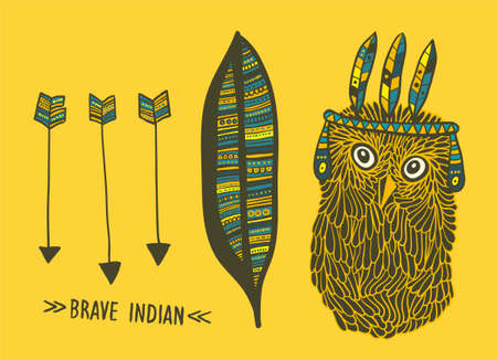 Set of indian things with cute hand drawn owl. Vector illustration.のイラスト素材