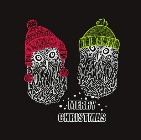Two winter owls in warm hats. Vector illustration.のイラスト素材