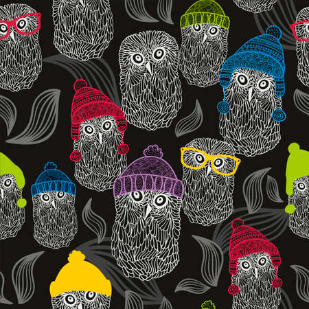 Seamless background with winter owls. Vector repeated pattern in doodle style.のイラスト素材