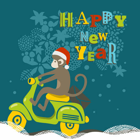 Happy New Year illustration with cute monkey on the scooter. Vector creative design.のイラスト素材