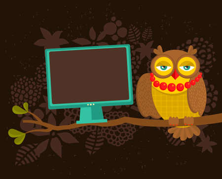 Free space on pc for your text. Vector illustration, banner with owl image.のイラスト素材