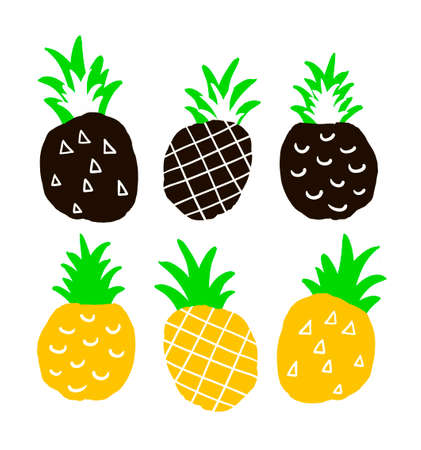 Set of hand drawn ananas. Isolated colorful pinepples on the white background. Coll print in vector.のイラスト素材