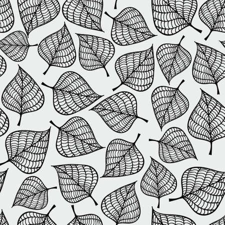 Decorative seamless black and white pattern with autumn leaves. Endless repeated texture. Template for design textile, backgrounds, wrappers, wallpaper.のイラスト素材