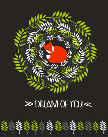 Sleeping fox in the spring grass decoration. Vector illustration.のイラスト素材