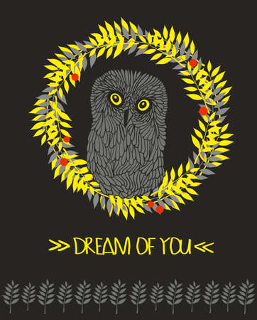 Cute owl in floral circle. Vector illustration.のイラスト素材