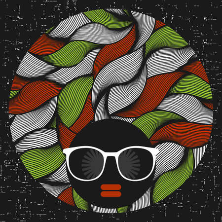 Black head woman with strange pattern on her hair. Vector illustration.のイラスト素材