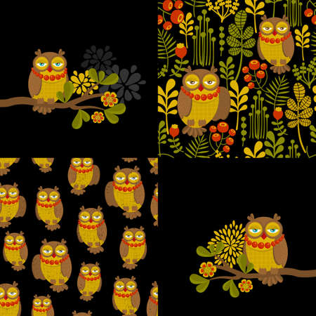 Set of owl vector illustrations and patterns.のイラスト素材
