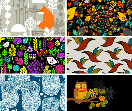 Set of cards with birds, animals and flowers. Vector illustration.のイラスト素材