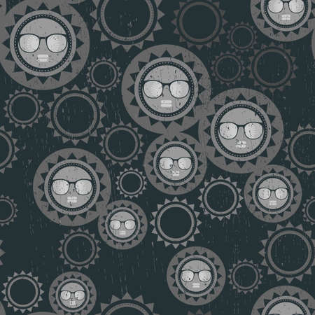 Seamless pattern with sun faces. summer illustration. Creative background in retro style.のイラスト素材