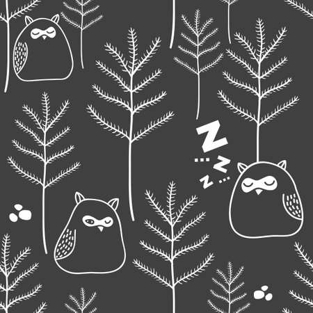 Seamless pattern of night in woodland with cute owls. Vector background of wild birds in the forest.のイラスト素材