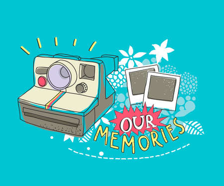 Old photo camera on the floral background. Vector artistic illustration.