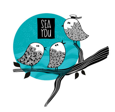 Cute birds on the tree speaking about the sea trip. Vector illustration.のイラスト素材