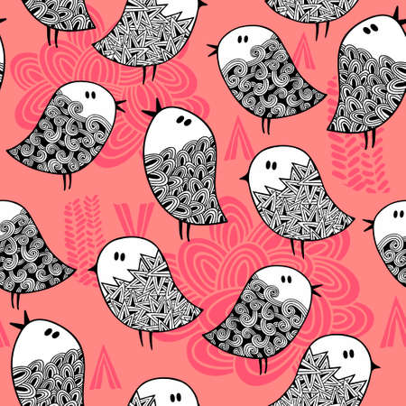 Creative seamless pattern with doodle birds. Vector illustration.のイラスト素材