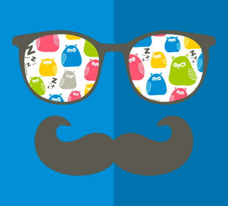 Cool hipster face print of man with sunglasses. illustration of vintage person in glasses with pattern reflection in it.のイラスト素材