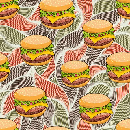 Seamless pattern with doodle hamburger on the artistic background. Endless burger illustration in vector.のイラスト素材