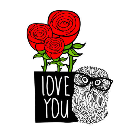 Smart owl in love cover print. Vector card illustration.のイラスト素材