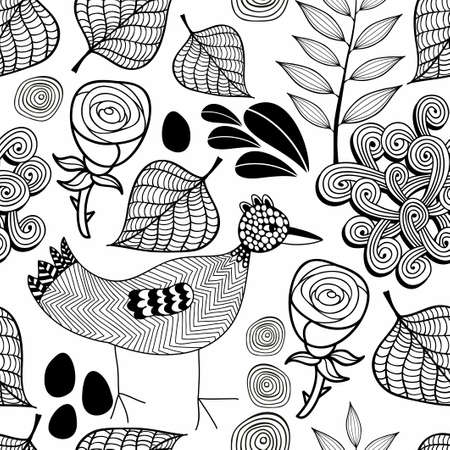 Black and white endless background with nature elements and doodle bird. Vector seamless pattern. Hand drawn illustration.のイラスト素材