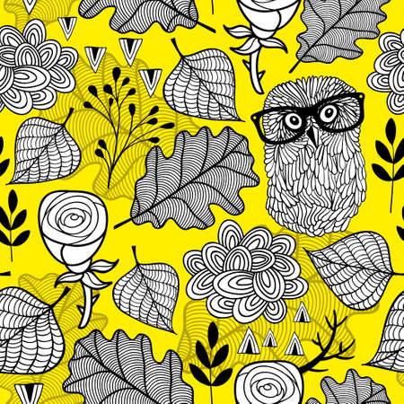 Seamless pattern with autumn colors. Vector illustration. Endless background of plants and owls in the forest.のイラスト素材