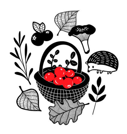 Autumn gifts. Black and white print in vector style.のイラスト素材