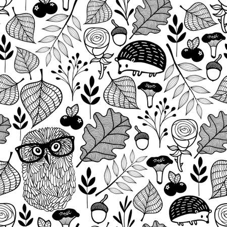 Seamless pattern with forest plants and animals.のイラスト素材