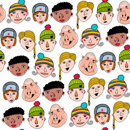 Seamless pattern with doodle faces.のイラスト素材