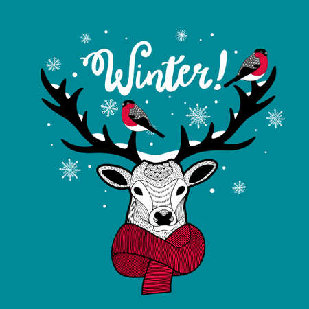 Cartoon deer in scarf with bullfinches on his horn.のイラスト素材