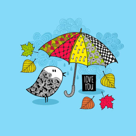 Doodle bird under the colorful bright umbrella. Vector autumn pattern.のイラスト素材