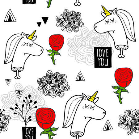 Romantic seamless pattern with black and white dead unicorns.の写真素材