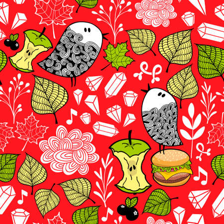 Colorful seamless pattern with cute doodle birds and design elements. Endless background in vector.のイラスト素材