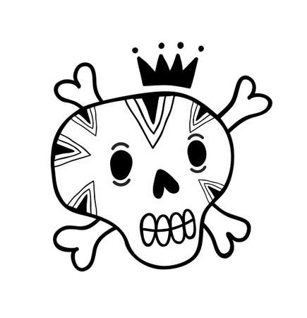 Funny doodle skull with bones and crown. Vector illustration in black and white.のイラスト素材