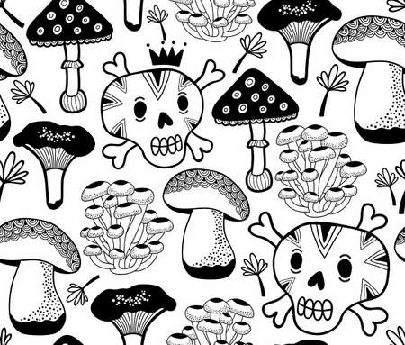 Black and white seamless pattern with mushrooms and skulls. Vector doodle illustration drawn by hand. Endless background for coloring book.のイラスト素材