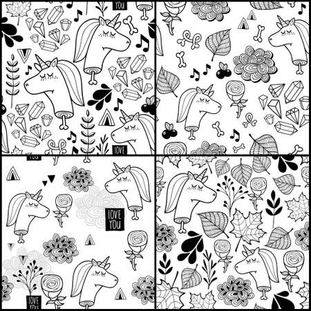 Set of black and white patterns with dead unicorn. Vector seamless illustrations for children and adult coloring book.のイラスト素材