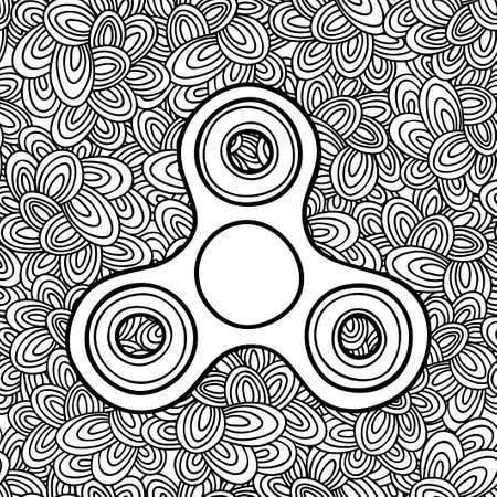 Black and white spinner on the doodle background. Vector illustration for coloring book.のイラスト素材