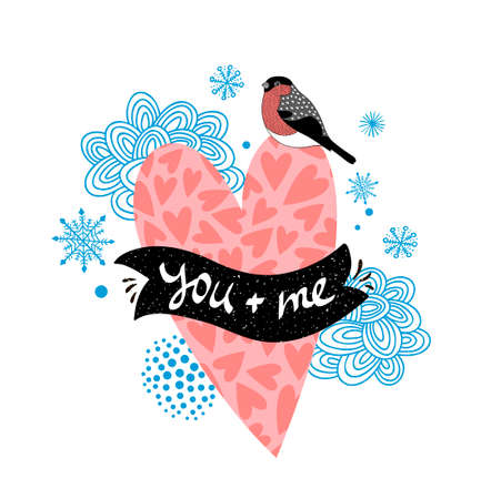 Romantic illustration with pink heart and winter bird.のイラスト素材