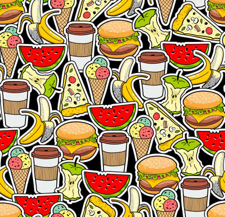 Colored wallpaper background design with fast food, fruits  and drinks seamless pattern.のイラスト素材