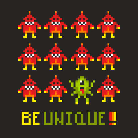 Motivating poster with pixel monsters. Vector illustration.