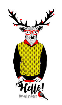 Colorful illustration of deer in retro clothes and berries on his horns Vector card cover print.のイラスト素材