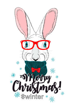 Cute chrismas card with young rabbit. Vector animal illustration isolated on white background.のイラスト素材