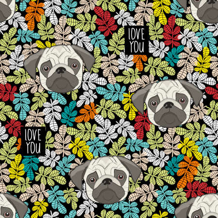 Colorful pattern with cute dog faces and love message.のイラスト素材