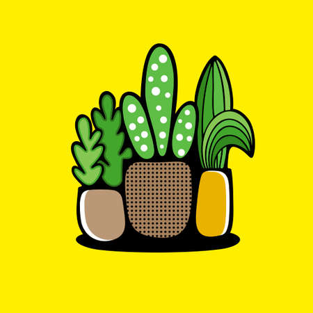 Flower pots with green plants. Vector illustration of green home decor.の写真素材