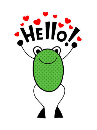 Cute frog with love message. Lovely little animal opens arms. Vector doodle illustration of children toy.のイラスト素材